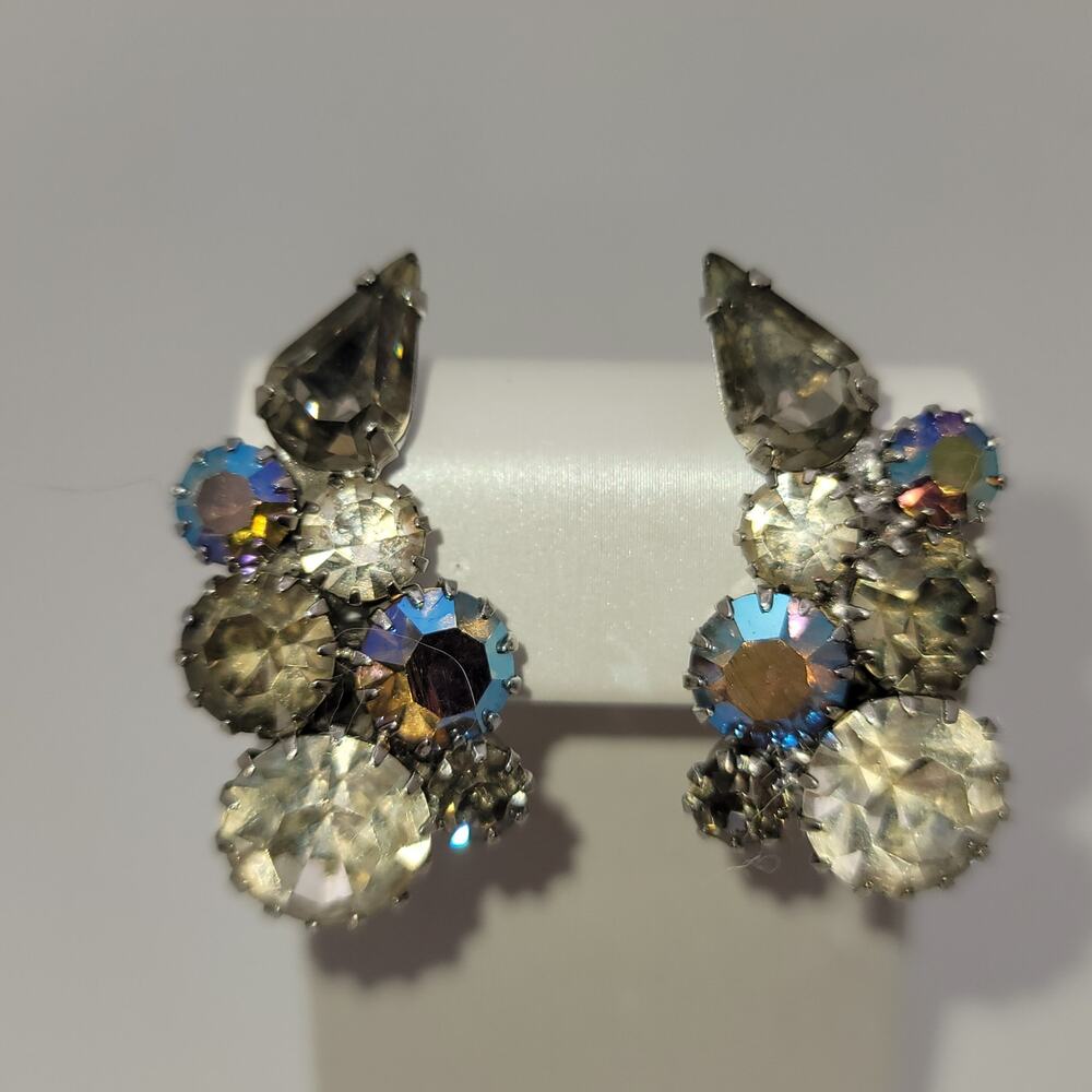 Vintage Silver-tone Smoky Gray & Aurora Borealis Rhinestone Clip-On Earrings